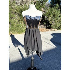 Trac Dress Large Black Sequin Beaded Strapless Low Hight Padded Lined Y2K Womens